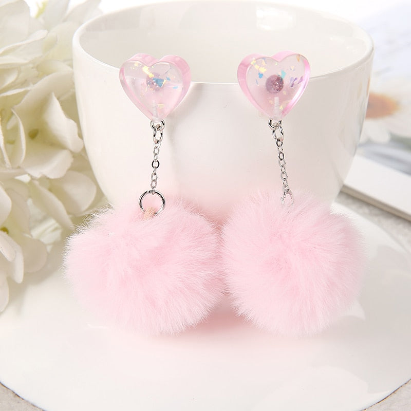 1Pair Cute Stud Earring Multicolours Resin Heart Candy Wth Puffer Ball Charms Jewelry