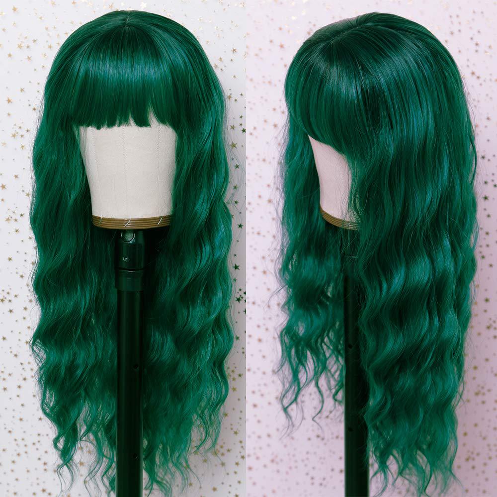 Green Long Wavy Bangs Loose Curly Hair Wig 26 Inches Natural Heat-Resistant Synthetic Fiber Ladies Cosplay Daily Wear Wig