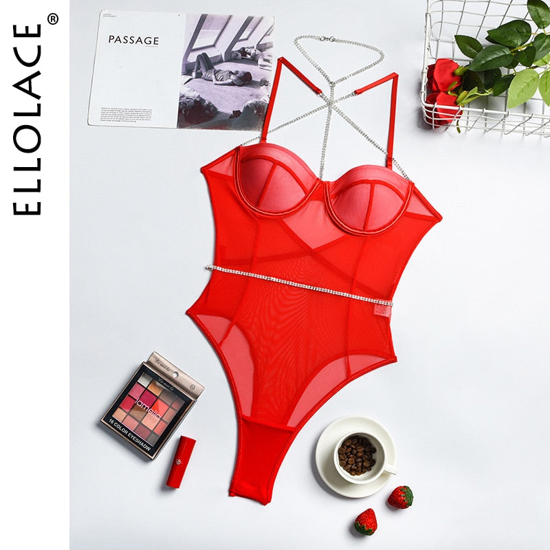 Rhinestone Sexy Lingerie Bodysuit Women Lace Sleeveless Bodies Underwire Push up Bodycon High Cut Body Backless Top