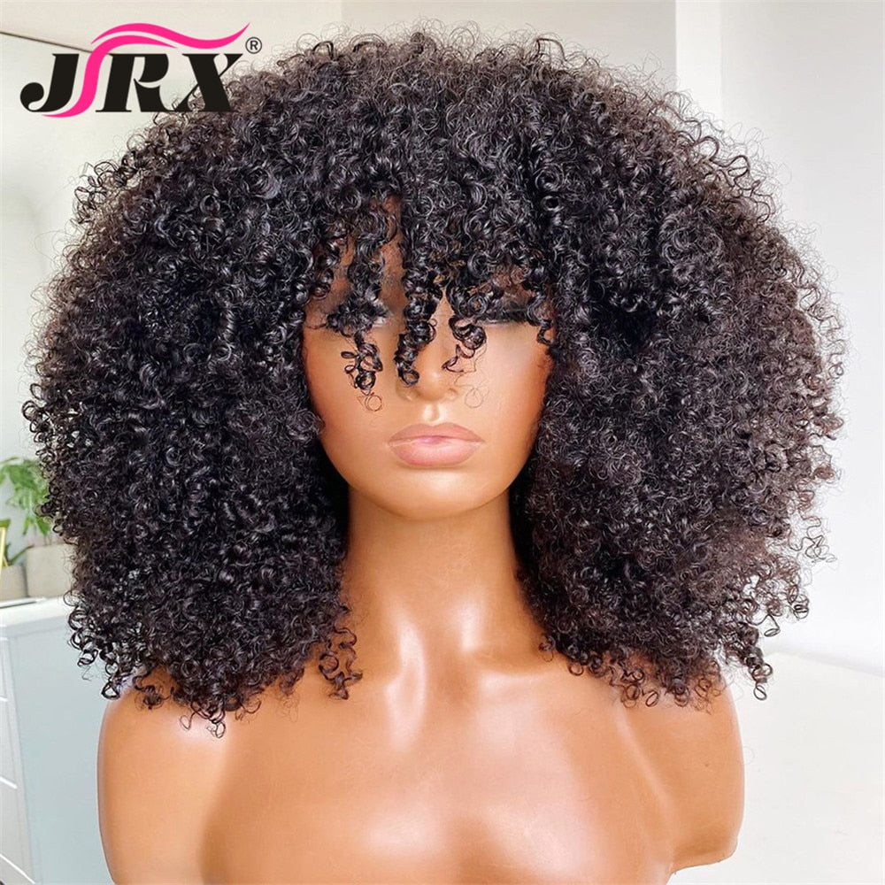 Afro Curly Human Hair Wigs With Bangs Full Machine Made Wig Brazilian Remy Hair Fringe Wig Natural Black Color