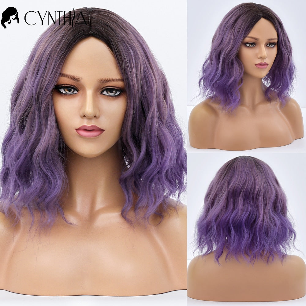 Purple Ombre Short Bob Body Wave Synthetic Wigs For Women Cosplay Wig With Bangs White Synthet Natural Hair Lolita Pelucas