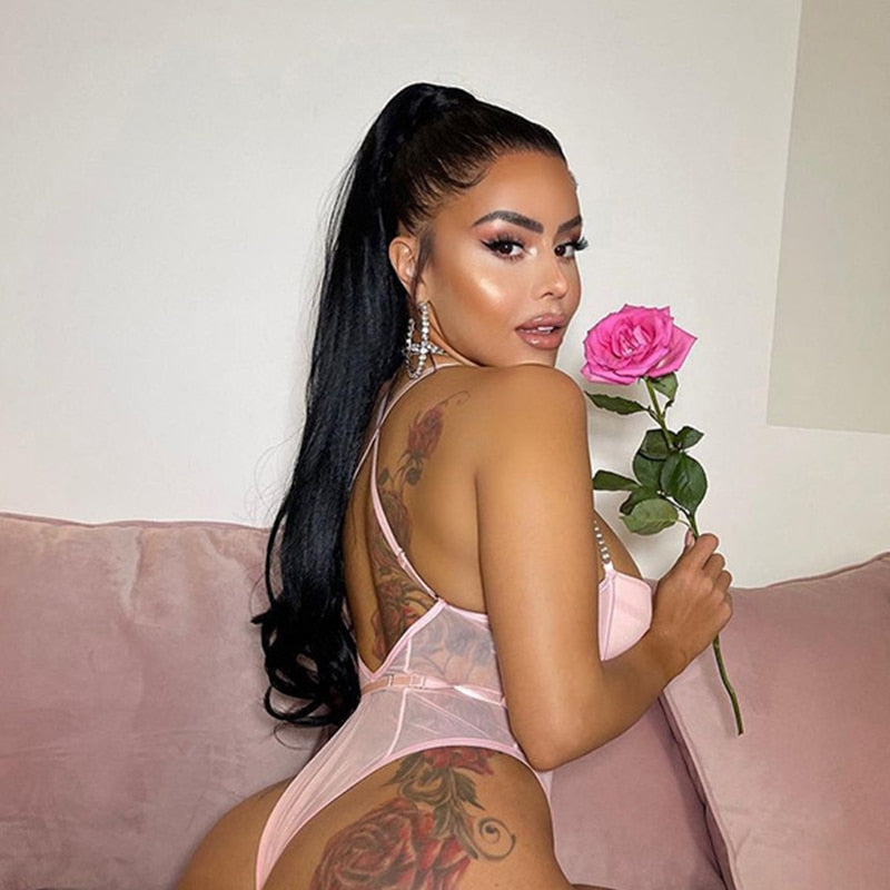 Rhinestone Sexy Lingerie Bodysuit Women Lace Sleeveless Bodies Underwire Push up Bodycon High Cut Body Backless Top