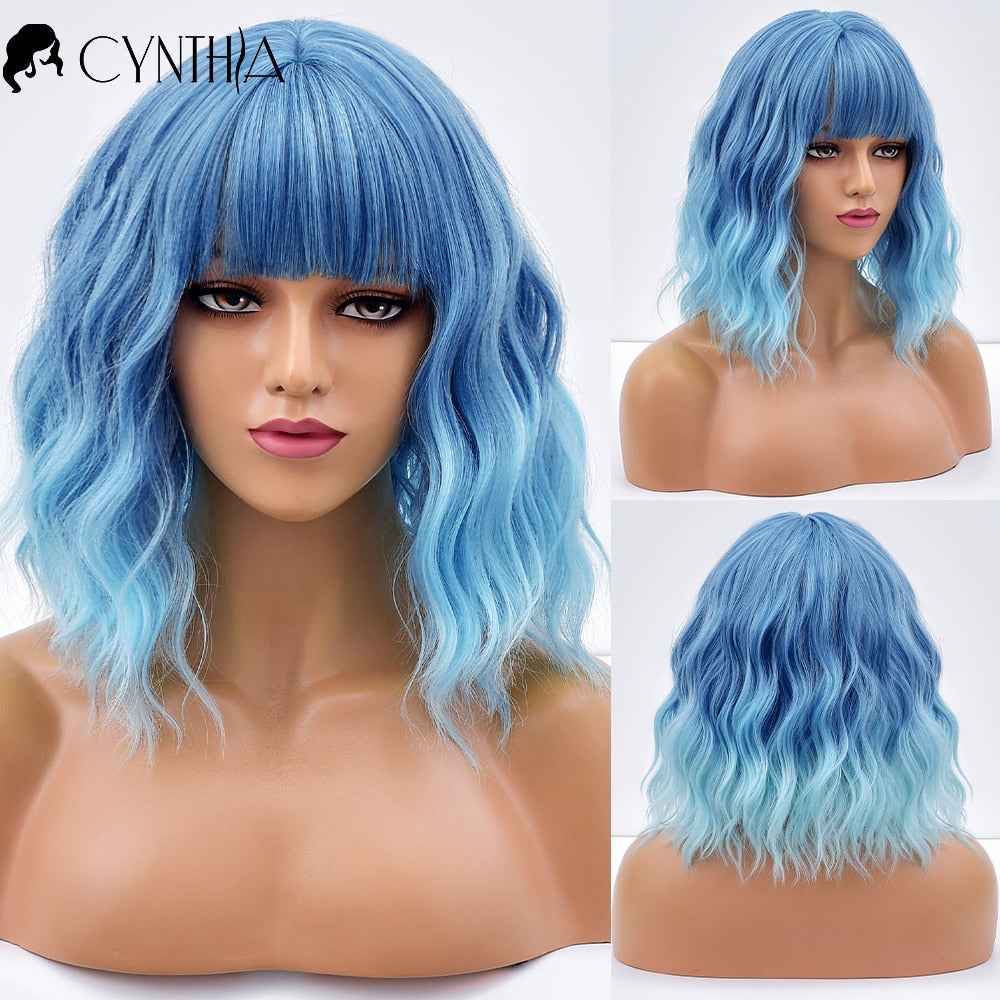 Purple Ombre Short Bob Body Wave Synthetic Wigs For Women Cosplay Wig With Bangs White Synthet Natural Hair Lolita Pelucas