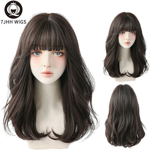 WIGS Long Wavy Curly Black Brown Synthetic Blend Wigs With Fluffy Bangs For Women Daily Wear Four Seasons Hair