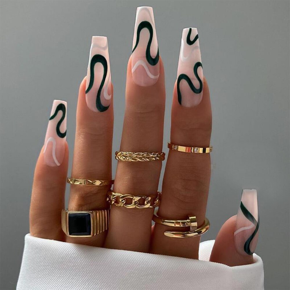 24/30Pcs Pink Leopard Designs False Nails French Long Coffin Fake Nail Artificial Full Cover Nail Art Tips Press on Nail