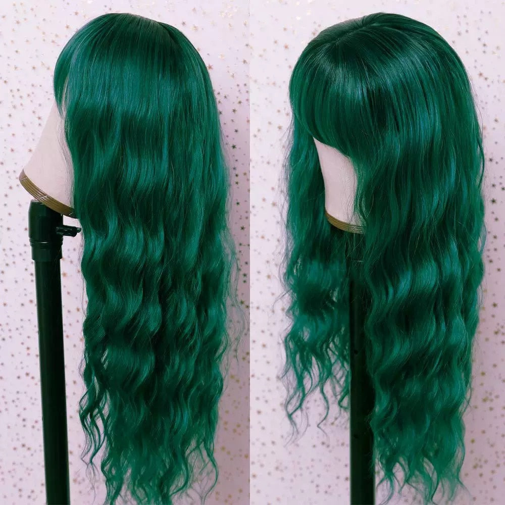 Green Long Wavy Bangs Loose Curly Hair Wig 26 Inches Natural Heat-Resistant Synthetic Fiber Ladies Cosplay Daily Wear Wig