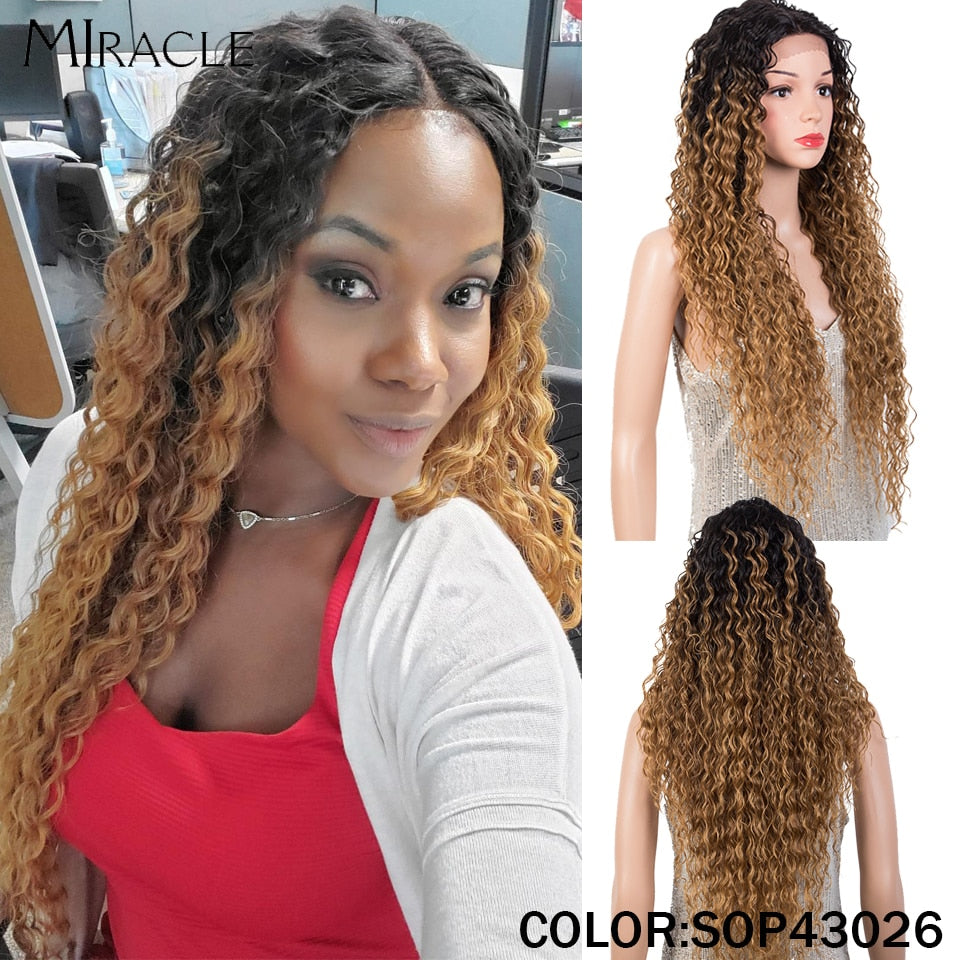 Synthetic Lace Wig Curly 30Inch Afro Kinky Curly Lace Natural Wave Blonde Wig High Temperature Fiber Hair