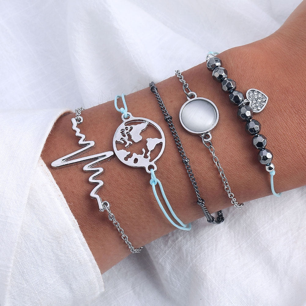 4Pcs/Set Geometric Crystal Charm Bracelets for Women Leaf Bangles Bracelets Set Wrist Chain Boho Bracelet