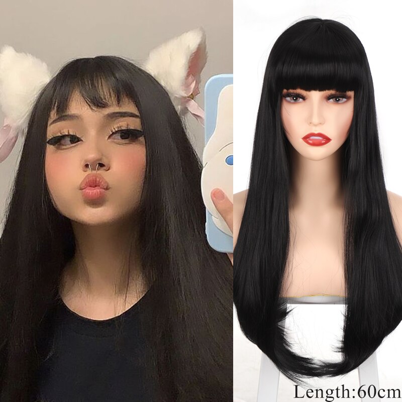 Synthetic Hair Black and Pink Wig Long Straight Hair Cosplay Lolita Wig Two Tone Ombre Color Women Heat Resistant Wigs