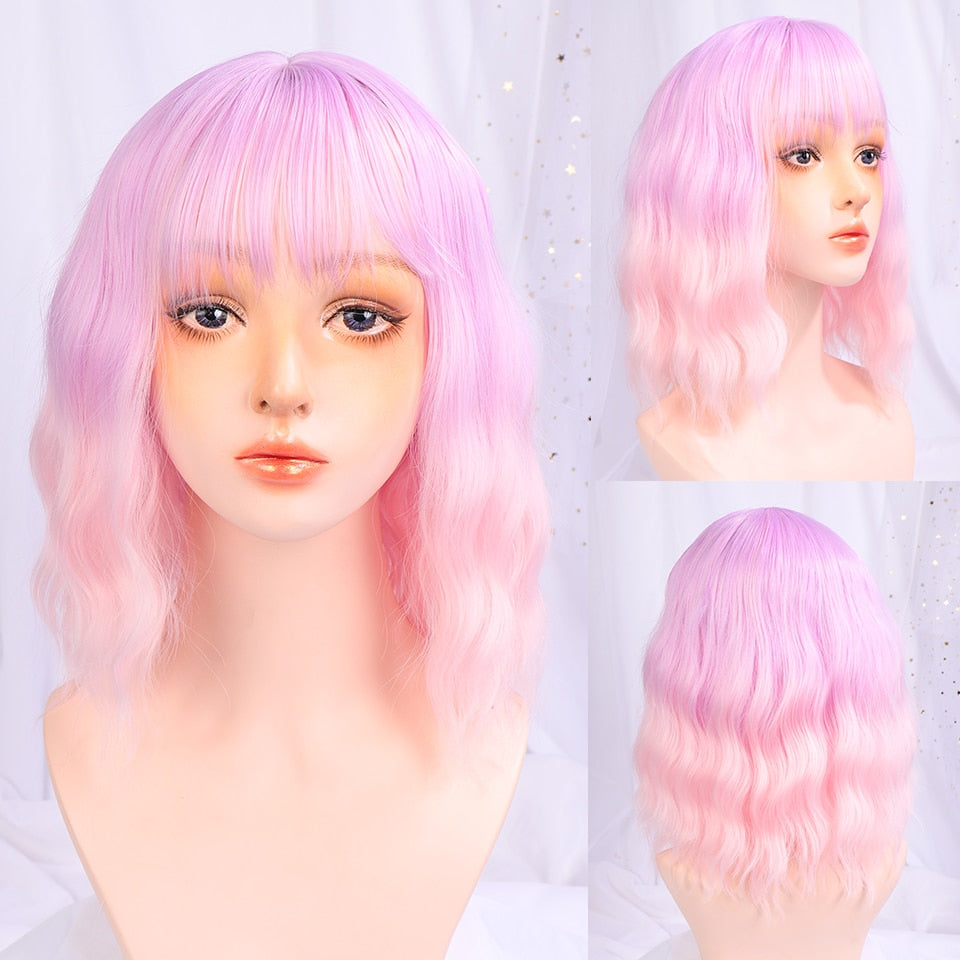 Synthetic Wigs For Women Daily Cosplay Long Water Wave  Lolita Wig With Bangs Cold Brown Heat Resistant Hair Bob Wig