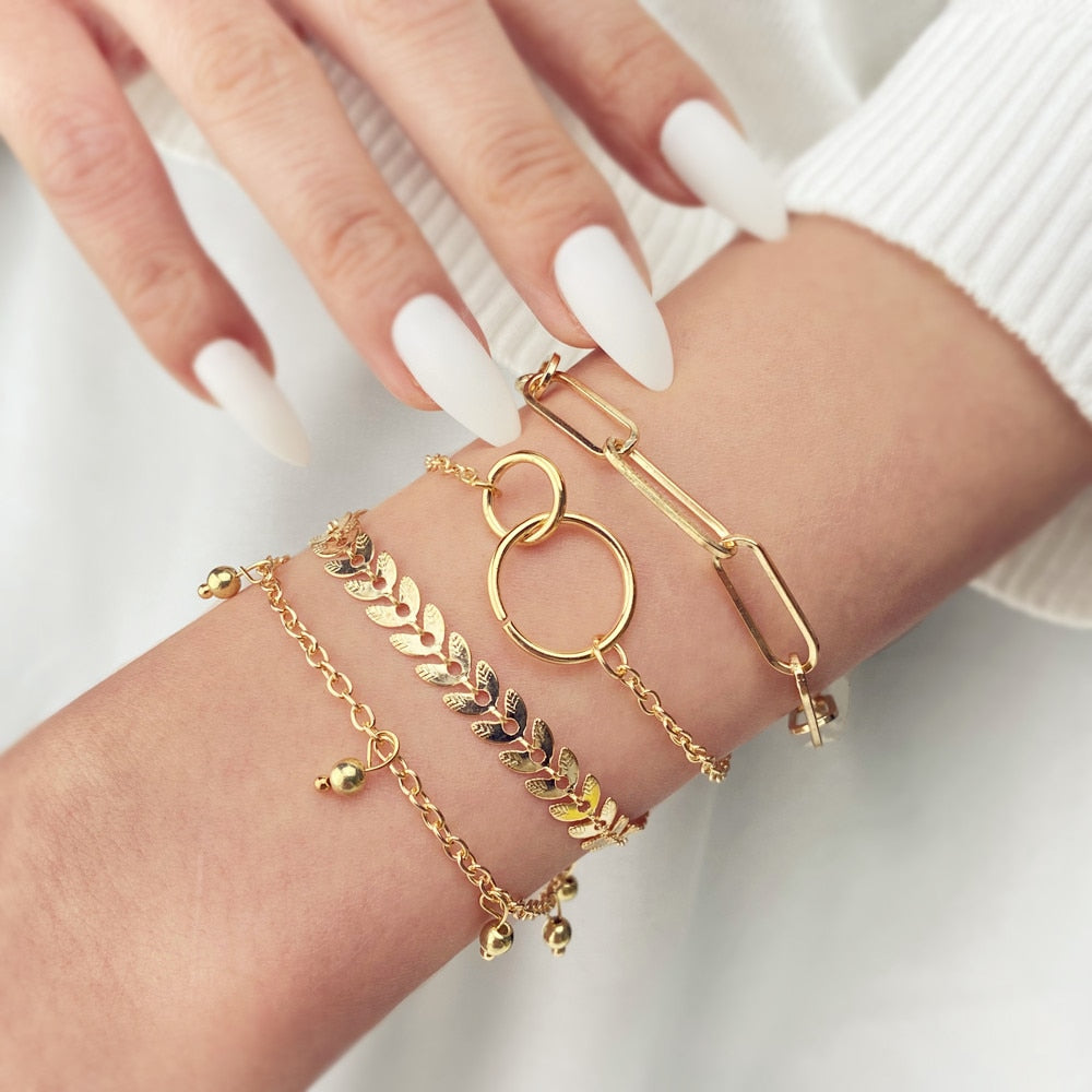 4Pcs/Set Geometric Crystal Charm Bracelets for Women Leaf Bangles Bracelets Set Wrist Chain Boho Bracelet