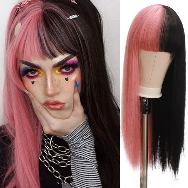 Synthetic Hair Black and Pink Wig Long Straight Hair Cosplay Lolita Wig Two Tone Ombre Color Women Heat Resistant Wigs