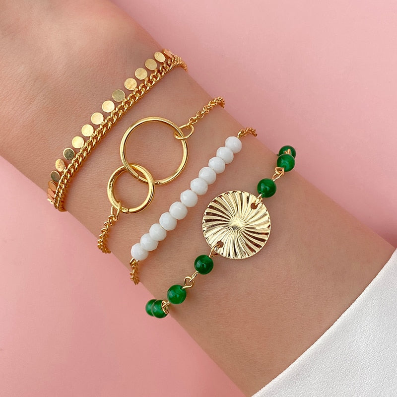 4Pcs/Set Geometric Crystal Charm Bracelets for Women Leaf Bangles Bracelets Set Wrist Chain Boho Bracelet