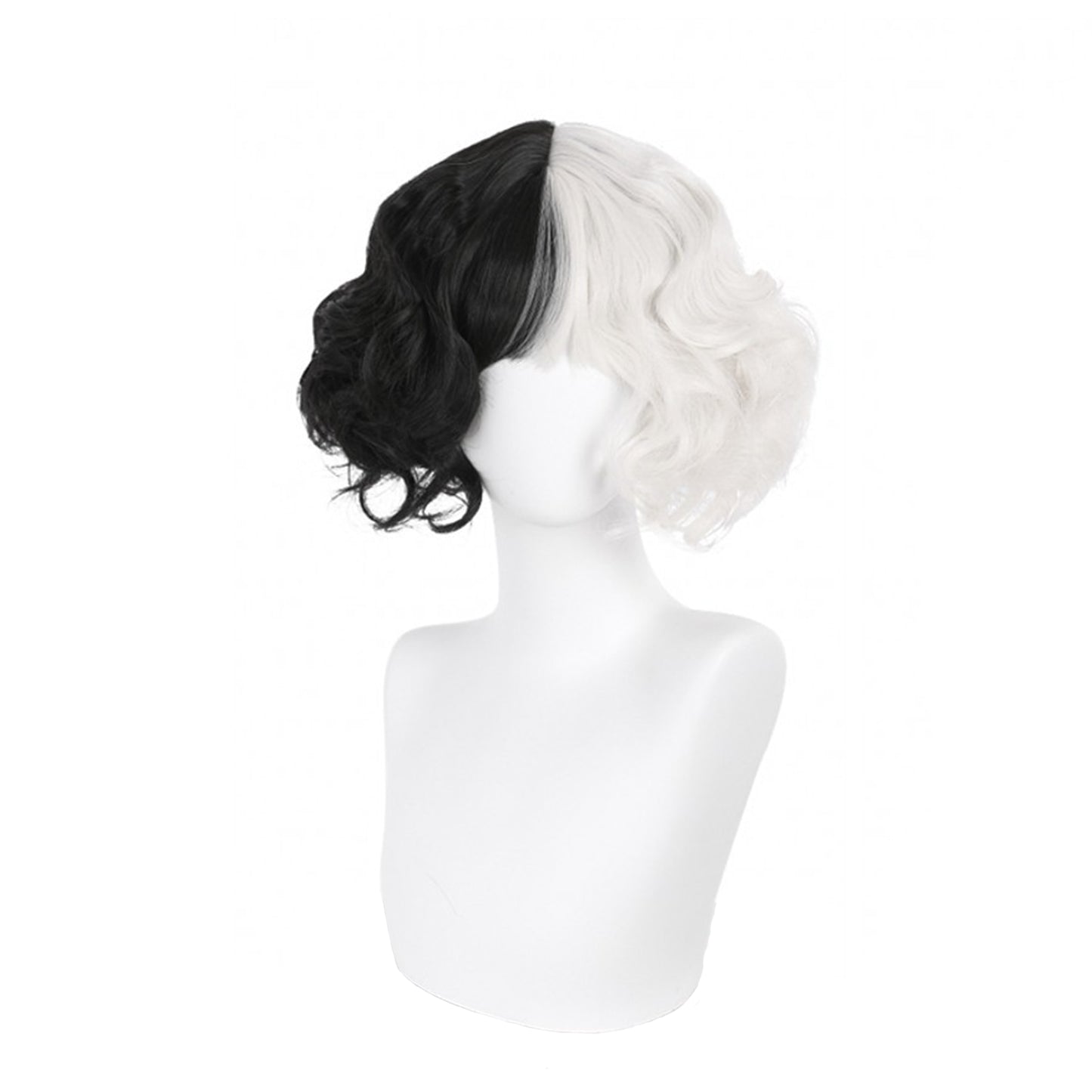 Cruella Deville Women Kuila Black and White Wig with Bangs Short Wave Curly Synthetic Hair Wig Party Cosplay Halloween Wig
