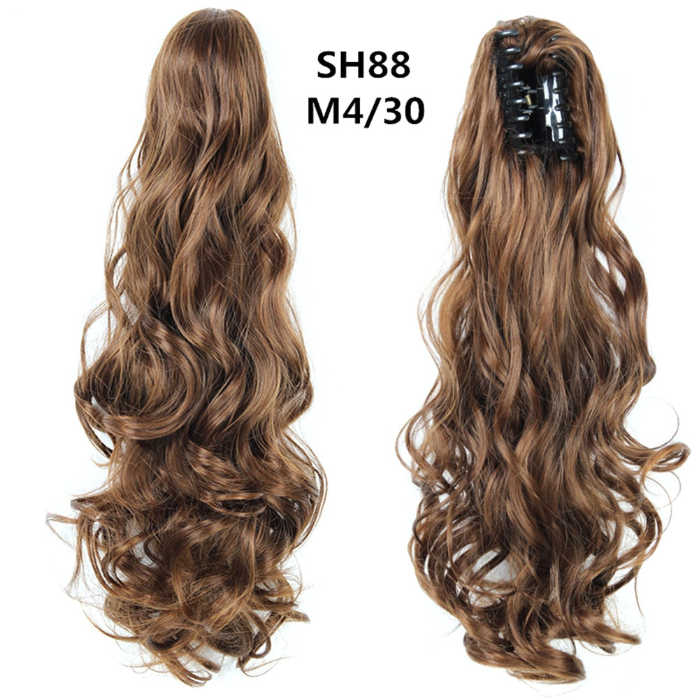 20Inch Short Curly Wavy Ponytail Hair Extensions Synthetic Claw On Hairpieces For Women Brown Black Color