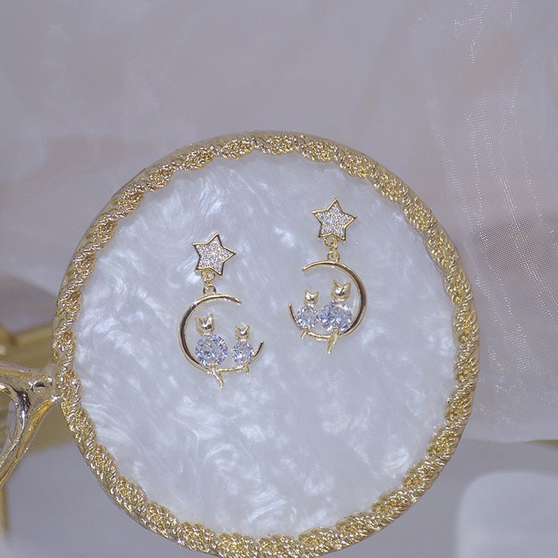 Cute Little Cat Shine Diamond Earring Zircon 14K Real Gold Stud Earring Daily Anniversary Star Jewelry Pendant