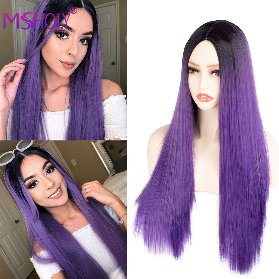 Pink Long Straight Wig Synthetic Ombre Hair Wigs Black White Pink Purple Blue Red Blonde Cosplay Wig Msholy