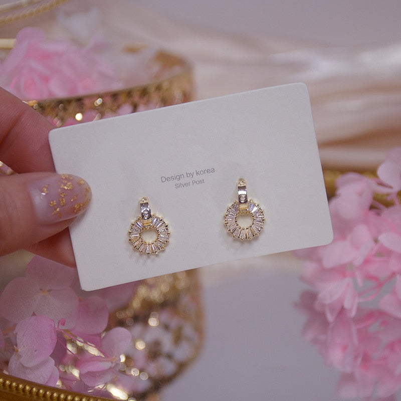 14k Real Gold Luxury Tiny CZ Earring Exquisite Round Zircon Anti-allergy Stud Earring Circle Jewelry Pendant