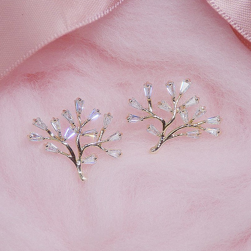 Transparent Crystal Tree Leaf Earring 14K Real Gold AAA Zirconia Stud Earring Bijoux Pendant
