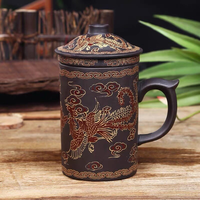 Retro Dragon Phoenix Purple Clay Tea Mug with Lid and Infuser Handmade Ceramic Teacup Water CupHome Drinkware
