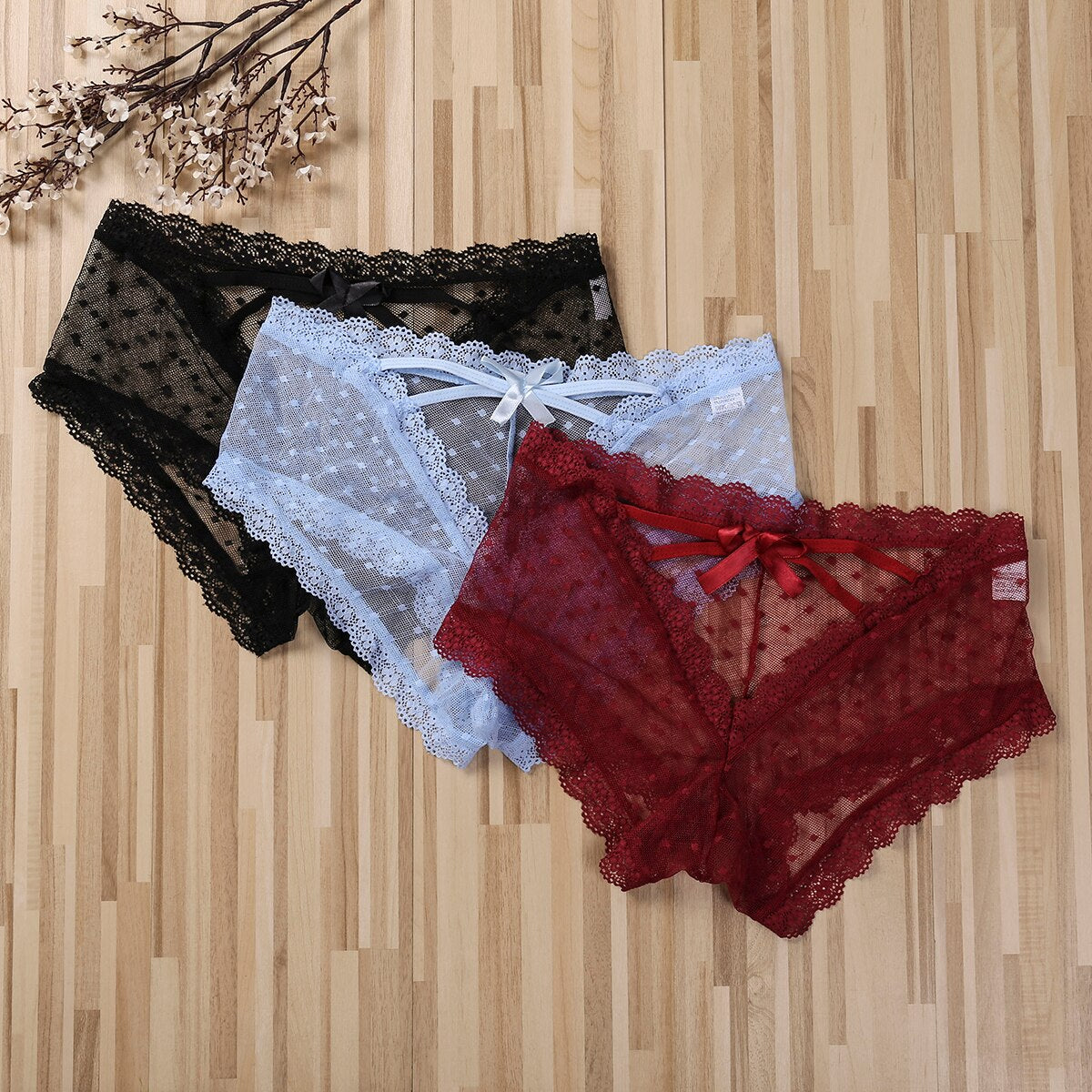 Women Cage Back Panties Sexy Lace Mesh Back Hole Perspective Wave Shape Bow Underwear Ladies Briefs S-XL