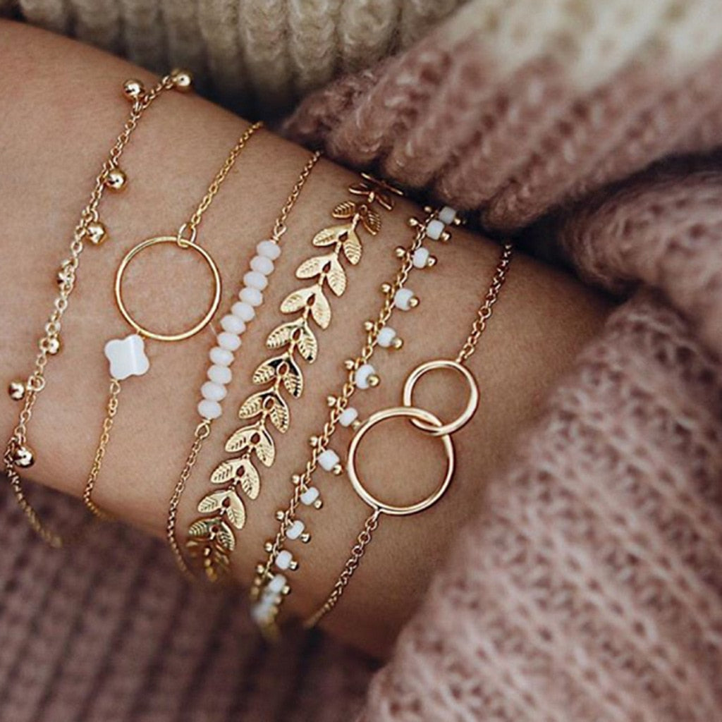 4Pcs/Set Geometric Crystal Charm Bracelets for Women Leaf Bangles Bracelets Set Wrist Chain Boho Bracelet