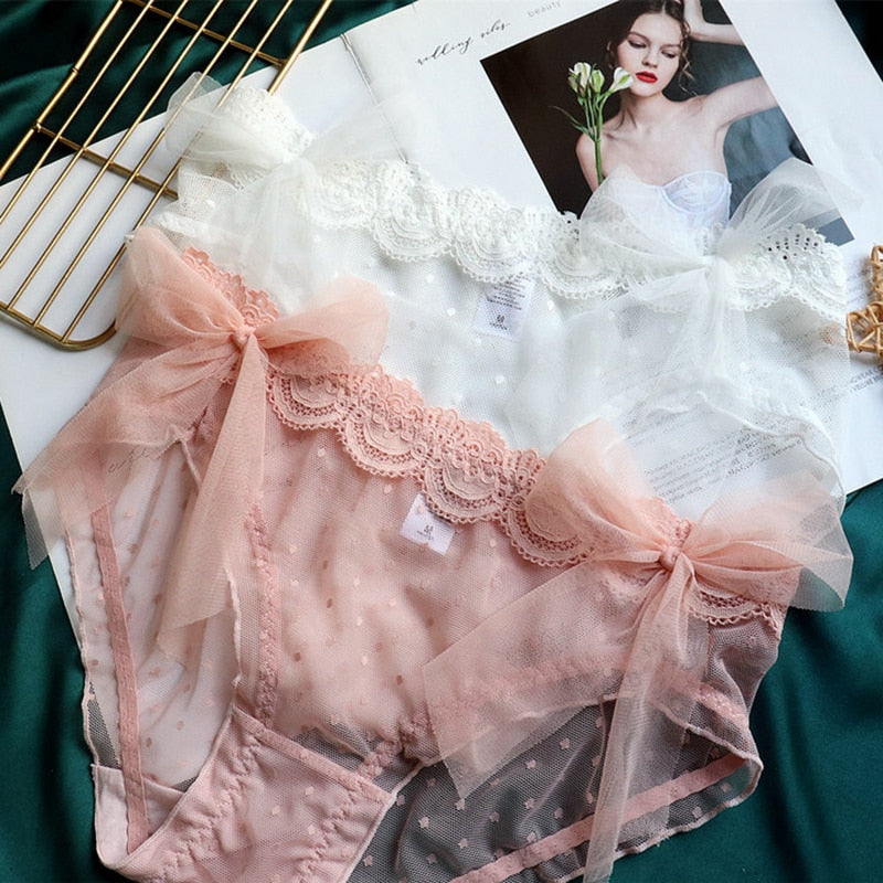 Women Sexy Lace Panties Hollow Panties Polka Dot Low Waist Butterfly Breathable Seamless Panties Cute Girly Briefs