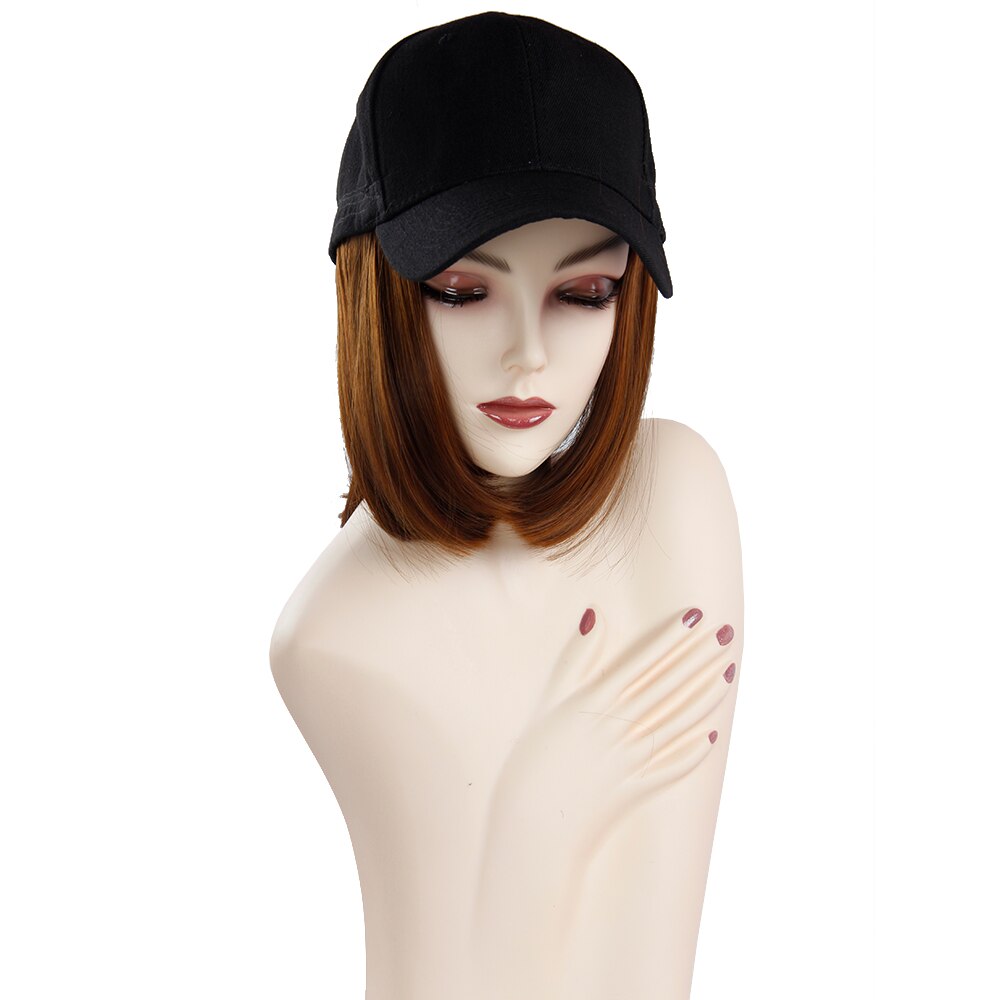 Baseball Cap Short Wigs Heat Resistant Fiber Black Hair Wig With Hat Peruca Synthetic Bob Wig Curly Wig