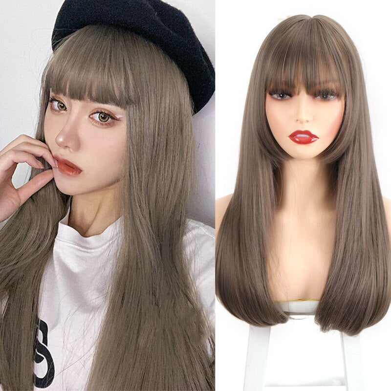 Synthetic Hair Black and Pink Wig Long Straight Hair Cosplay Lolita Wig Two Tone Ombre Color Women Heat Resistant Wigs