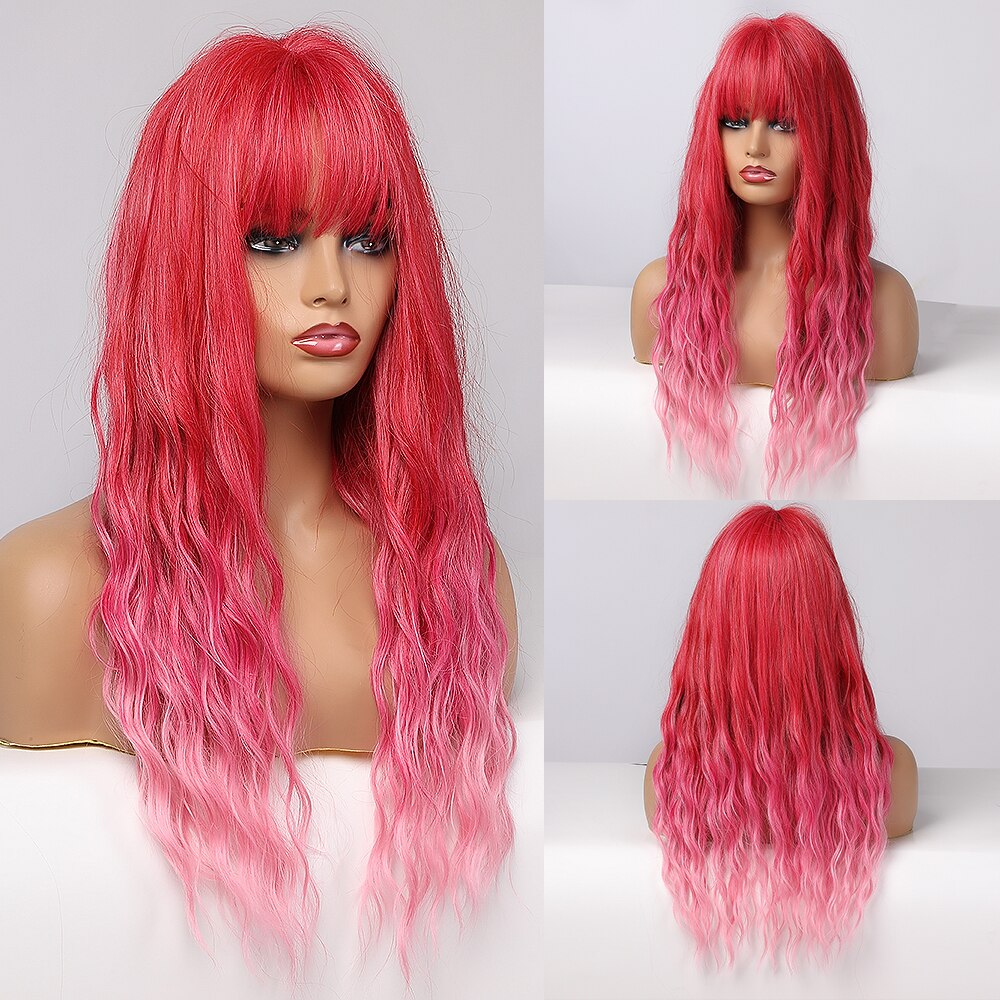 Synthetic Long Wavy Dark Brown Golden Highlight Wig Cosplay Wig with Bangs Heat Resistant