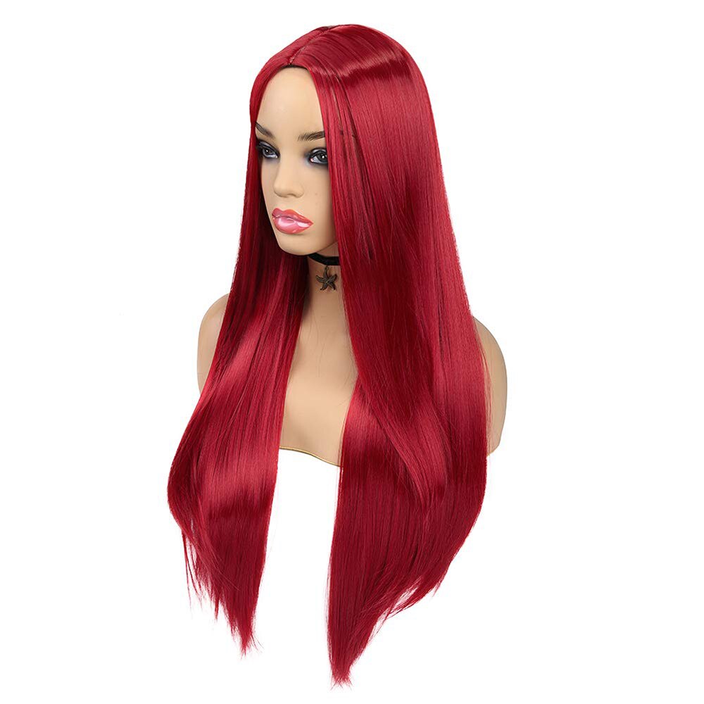 26-Inch Long Red Women Mid-Point Straight Hair Wig Role Play Undyed Pure Red Daily Wear Heat-Resistant Synthetic Wig