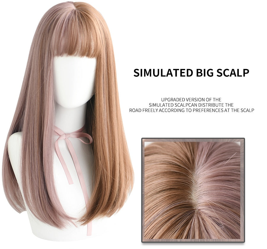 Long Remy Wig With Bangs Ombre Black Brown Synthetic Lolita Wig For Women Wire Heat Resistant Cosplay Wig