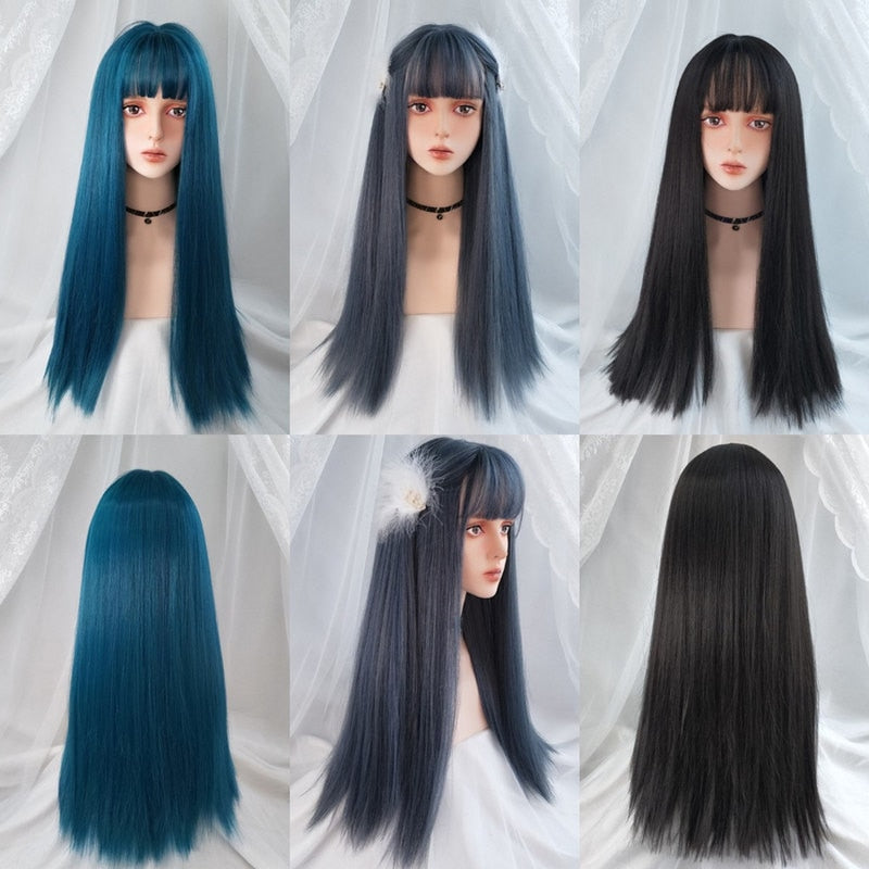 Cosplay Wig With Bangs Synthetic Straight Hair 24 Inch Long Heat-Resistant Pink Wig