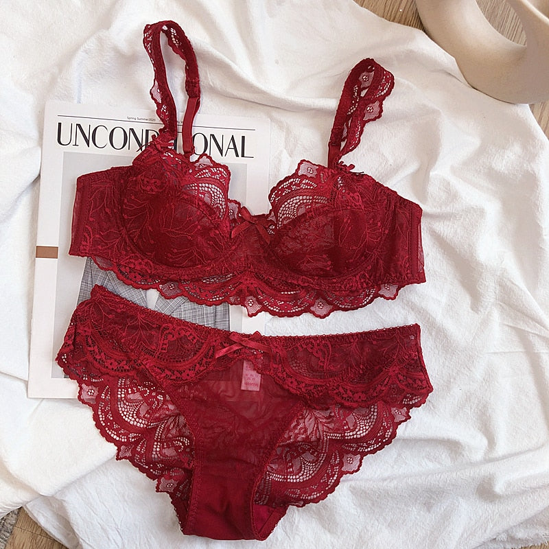 Transparent bra perspective ultra-thin sexy lace underwear set female light luxury gathered breathable lingerie sets