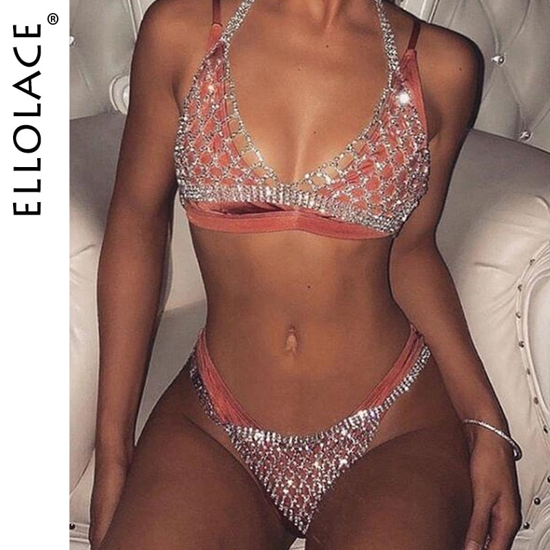 Sexy Rhinestone Crystal Bralette Lingerie Set Women&#39;s Underwear Jewelry for Lady Chain Bling Rhinestone Bra and Thong