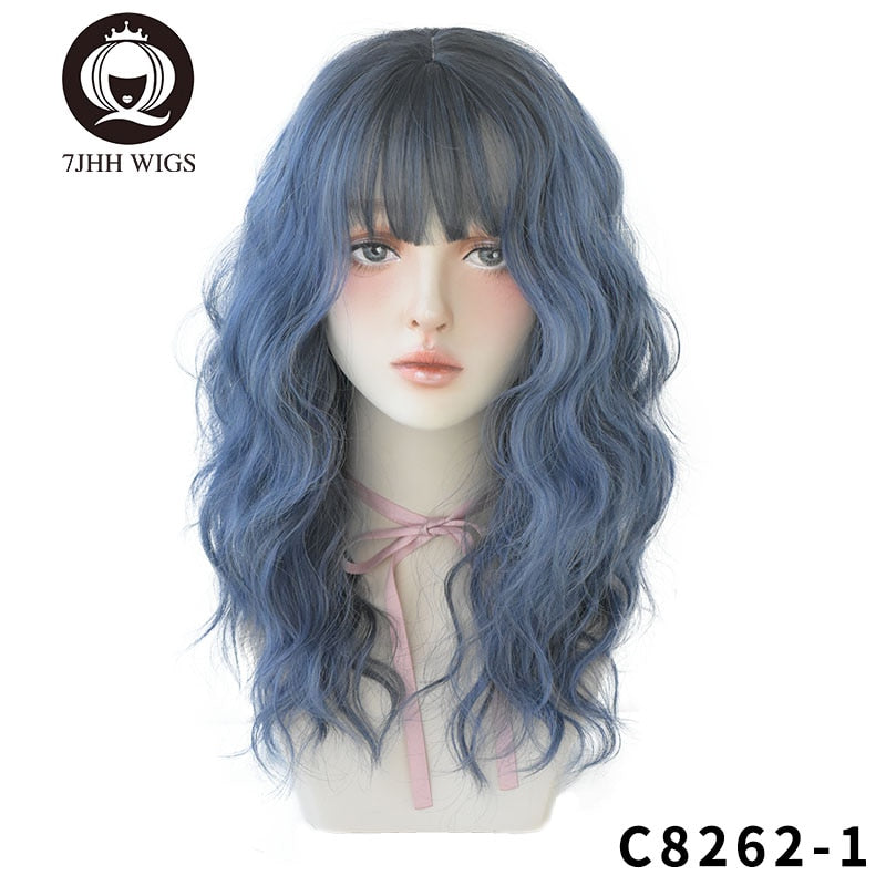 Blue Deep Wave Wig With Bangs Long Omber Brown Hair Layered Heat Resistant Cosplay Party Synthetic Wig