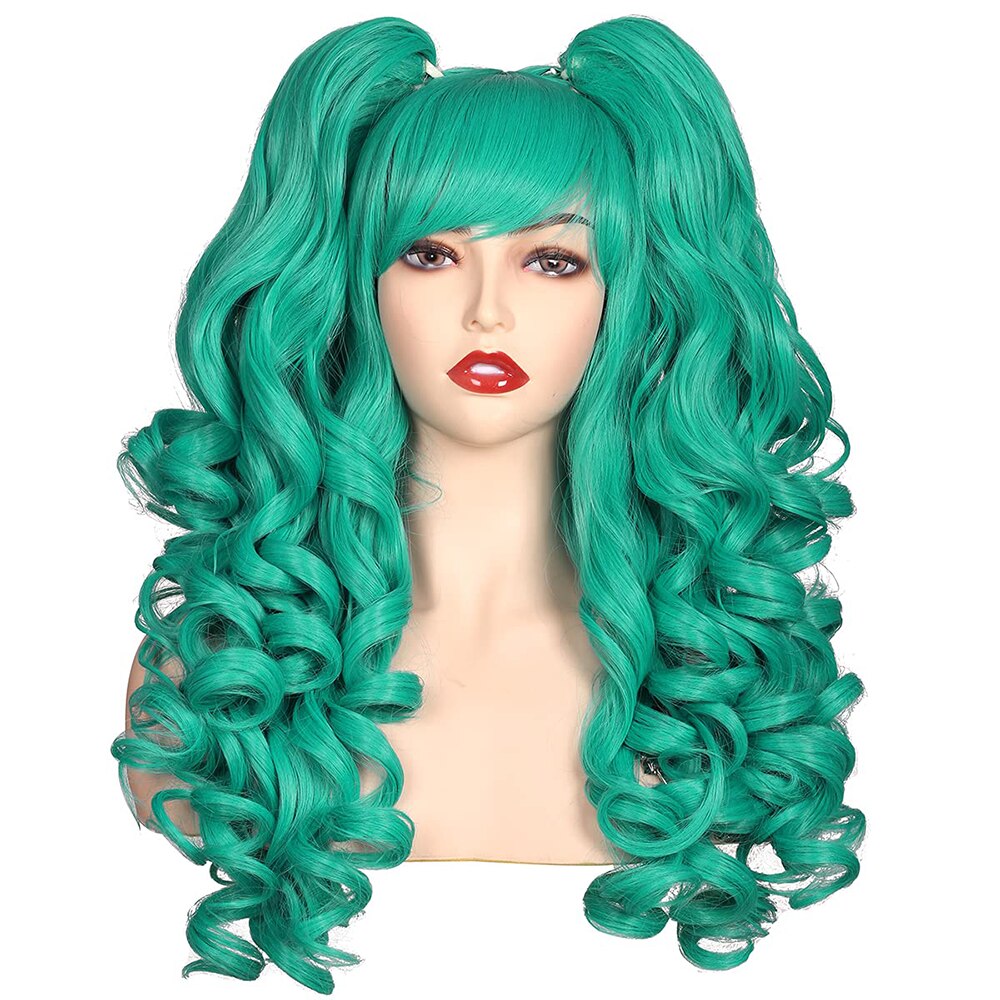 Long Curly Hair Ponytail Lolita Cosplay Lady Synthetic Wig Double Ponytail Detachable Black Gold Pink Purple Gradient Wig