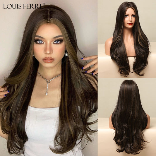 Brown Blonde Highlight Wig for Women Middle Part Long Wave Synthetic Wigs Party/Daily Use Hair Heat Resistant