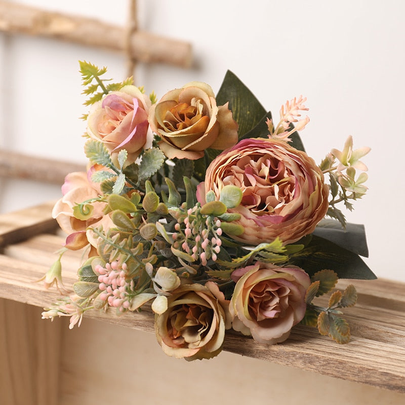 White Silk Artificial Roses Flowers Wedding Home Autumn Decoration High Quality Big Bouquet Luxury Fake Flower Arrangement Bulk