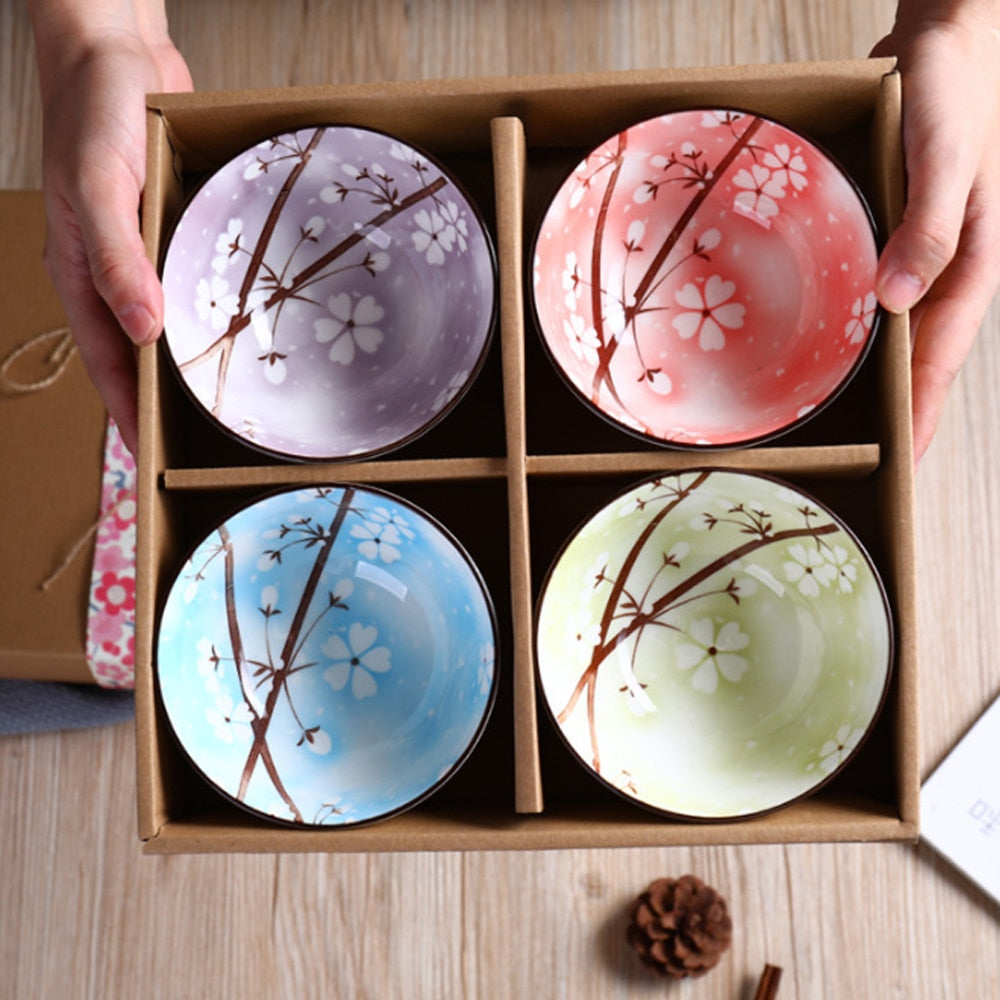 Set of 2 Or 4 Japanese Traditional Ceramic Dinner Bowls 4.5inch 300ml Porcelain Rice Bowls with Gift Box Dinnerware Set  Gift