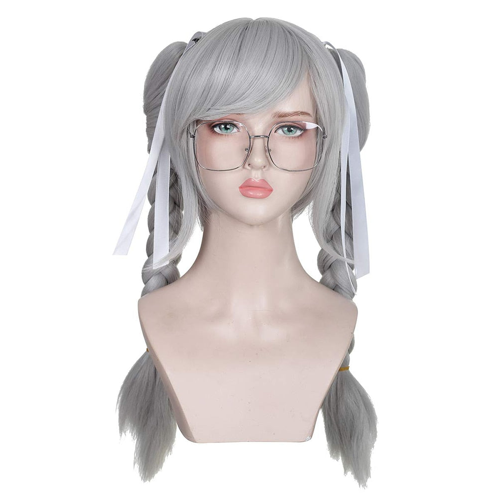 Anime Danganronpa Dangan Ronpa Peko Pekoyama Silver and White Double Ponytail Braided Cosplay Halloween Synthetic Wig