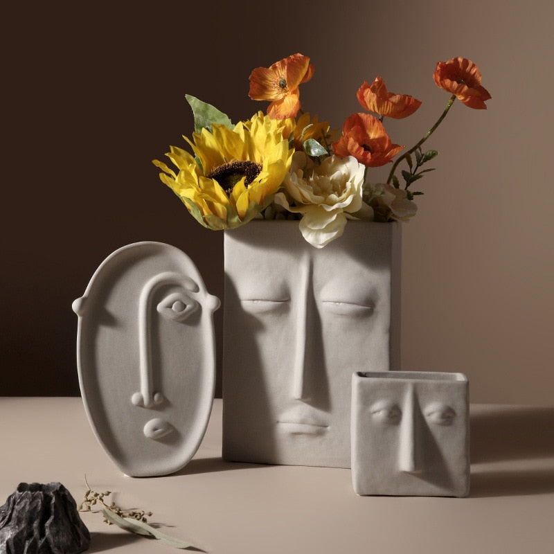 Nordic Home Decor Ceramic Vase for Flowers Human Face Design Decoration Home Vase luxury Pot For Dried Flower white vase