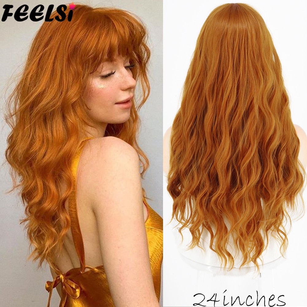 Synthetic Pure Red Black Orange Wig Long Water Wave Halloween Cosplay Wigs Synthetic Wig High Temperature Fiber