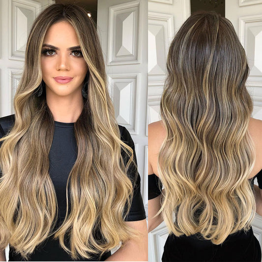 Long Ombre Brown Honey Blonde Wavy Wig Synthetic Wigs Cosplay Party Daily High Density Wig Msholy