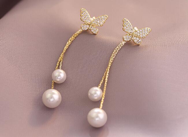 Korean Jewelery Elegant Butterfly Long Pearl Crystal Earrings Tassel Girl Earring