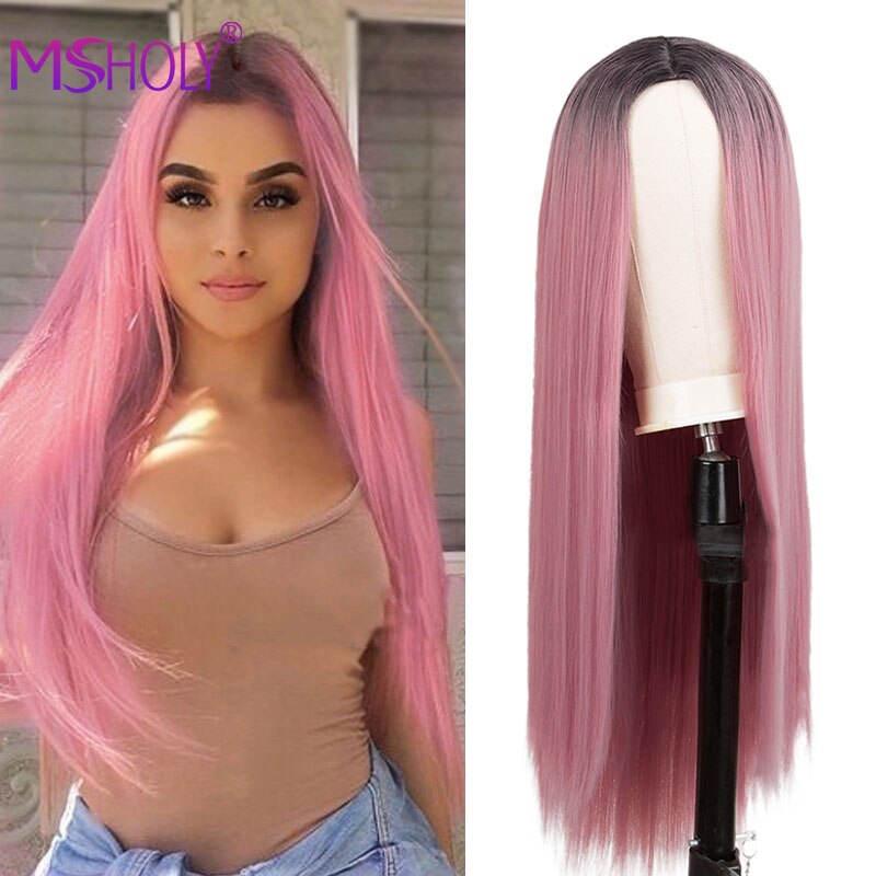 Pink Long Straight Wig Synthetic Ombre Hair Wigs Black White Pink Purple Blue Red Blonde Cosplay Wig Msholy