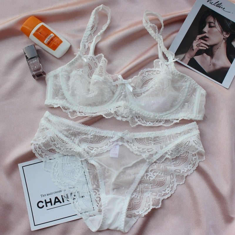 Transparent bra perspective ultra-thin sexy lace underwear set female light luxury gathered breathable lingerie sets