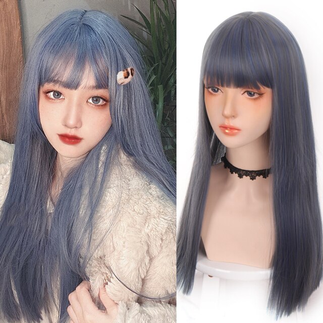 Synthetic Hair Black and Pink Wig Long Straight Hair Cosplay Lolita Wig Two Tone Ombre Color Women Heat Resistant Wigs