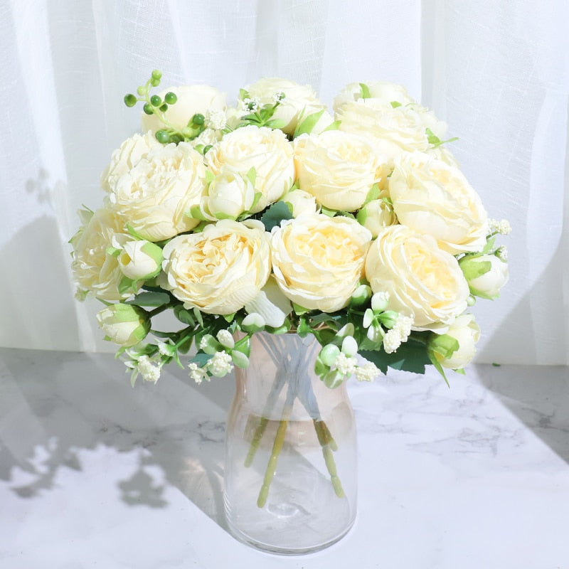 Beautiful Rose Peony Artificial Silk Flowers Small White Bouquet Home Party Winter Wedding Decoration Fake Flowers