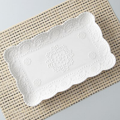 10inch white embossed porcelain vintage plate for buffet serving, ceramic japanese plates sushi dinnerware square